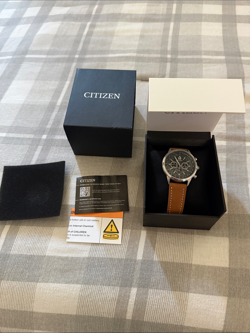 Citizen Black Dial Chronograph Watch with Tan Leather Strap